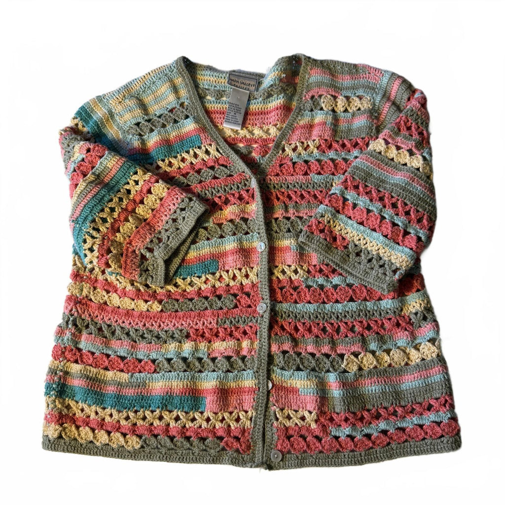 Vintage Napa Valley Pastel Fisherman Cozy Fall Striped Crochet Cardigan Boho M
