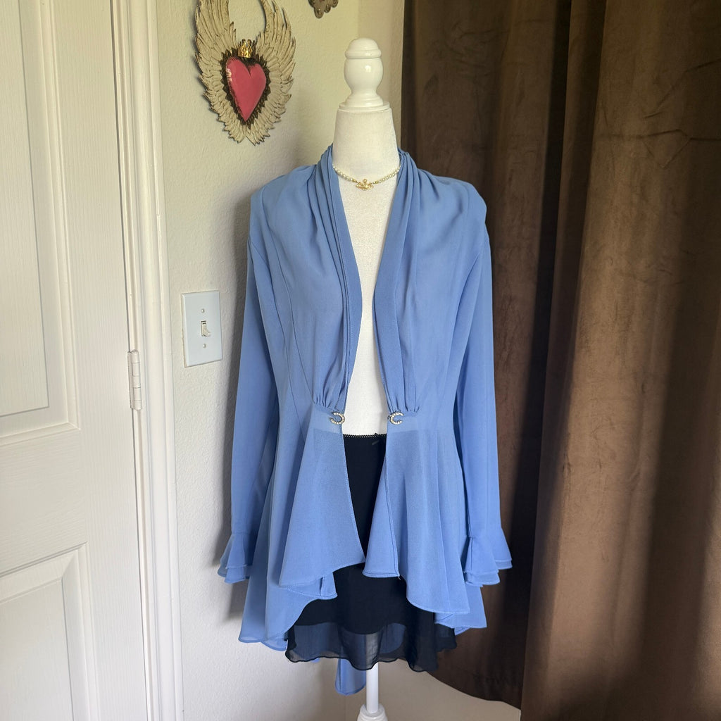 S.L. Fashions Periwinkle Chiffon Waterfall Jacket Rhinestone Ruffle Blingy Sheer