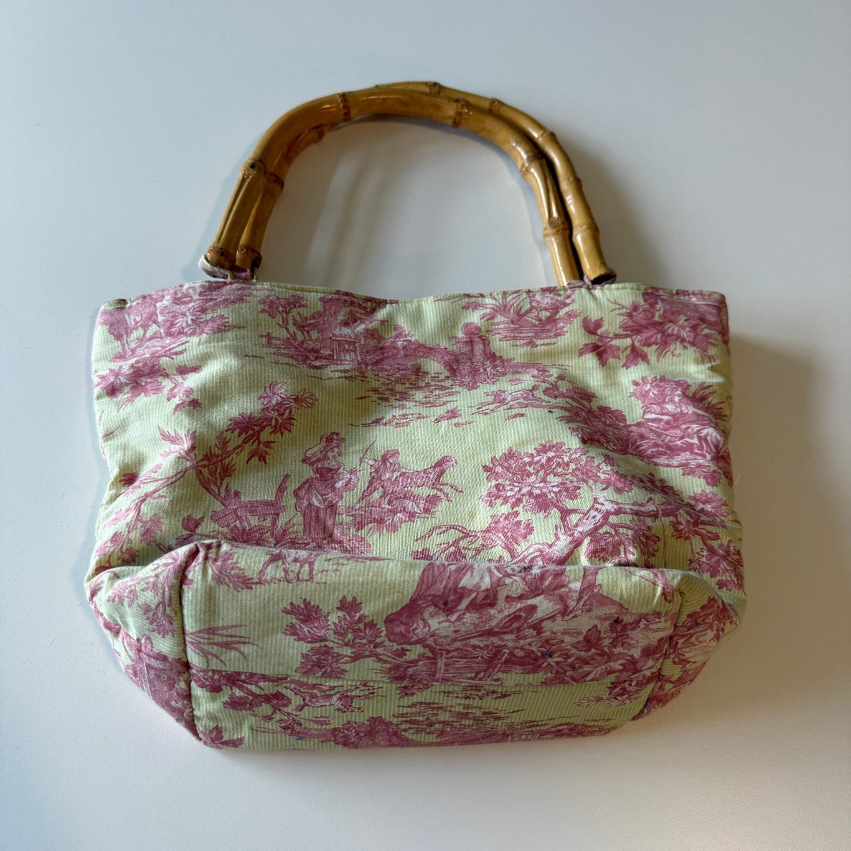 Pink and Yellow Toile de Jouy Bamboo Handle Purse Unique Fabric Accessory