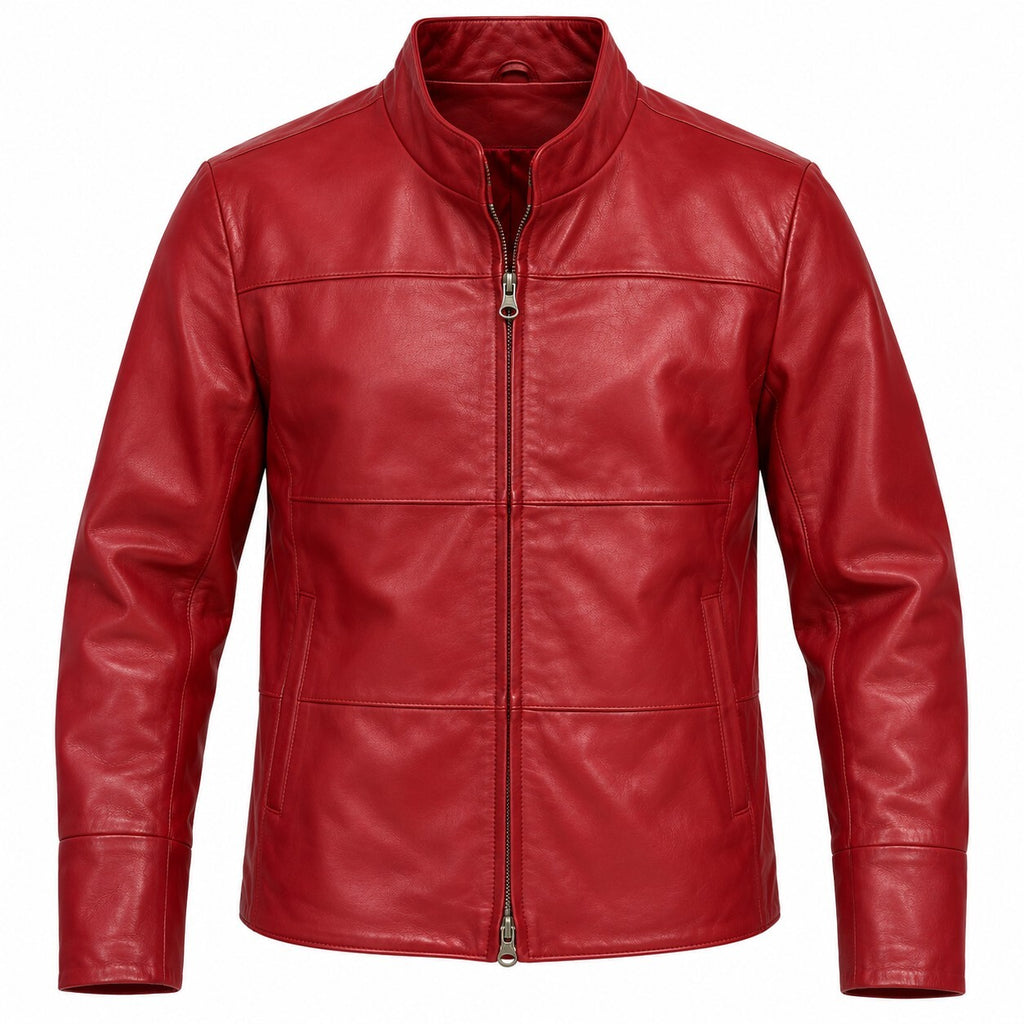 thriftalina Vintage Y2K Cherry Red Genuine Leather Moto Jacket Double Zip