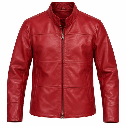 thriftalina Vintage Y2K Cherry Red Genuine Leather Moto Jacket Double Zip