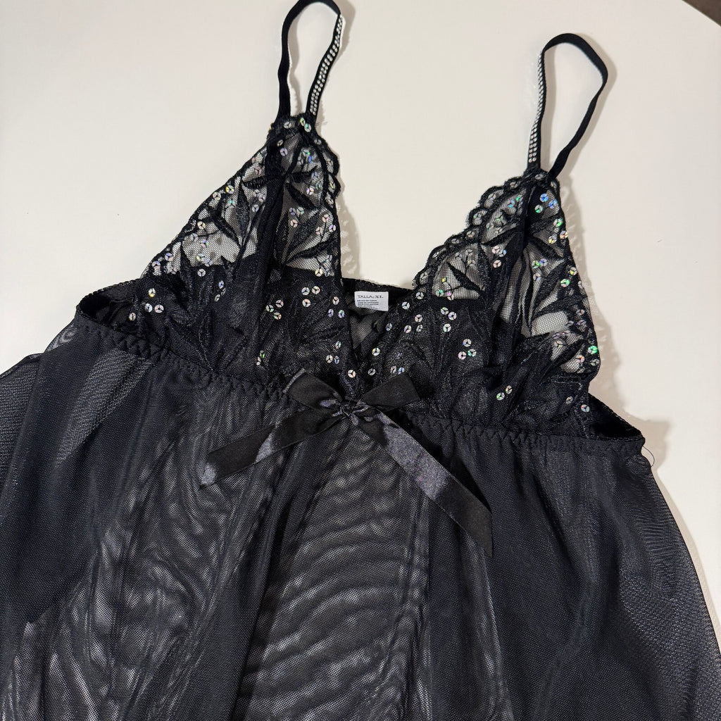 Y2K Mesh Babydoll Sheer Sparkly Bling Chemise Lingerie Slip Dress Sequin Detail