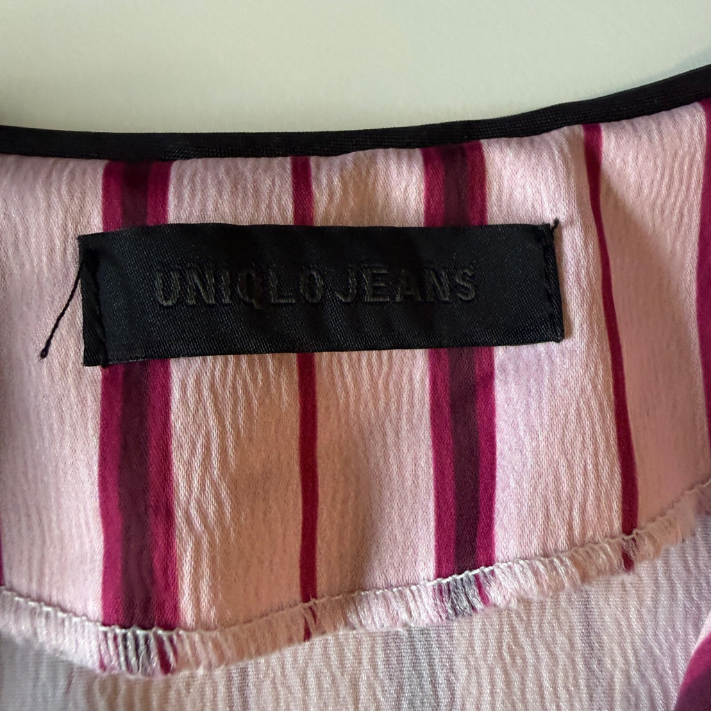 Y2K Pink Striped Satin Pajama Shirt Contrast Piping Uniqlo Jeans