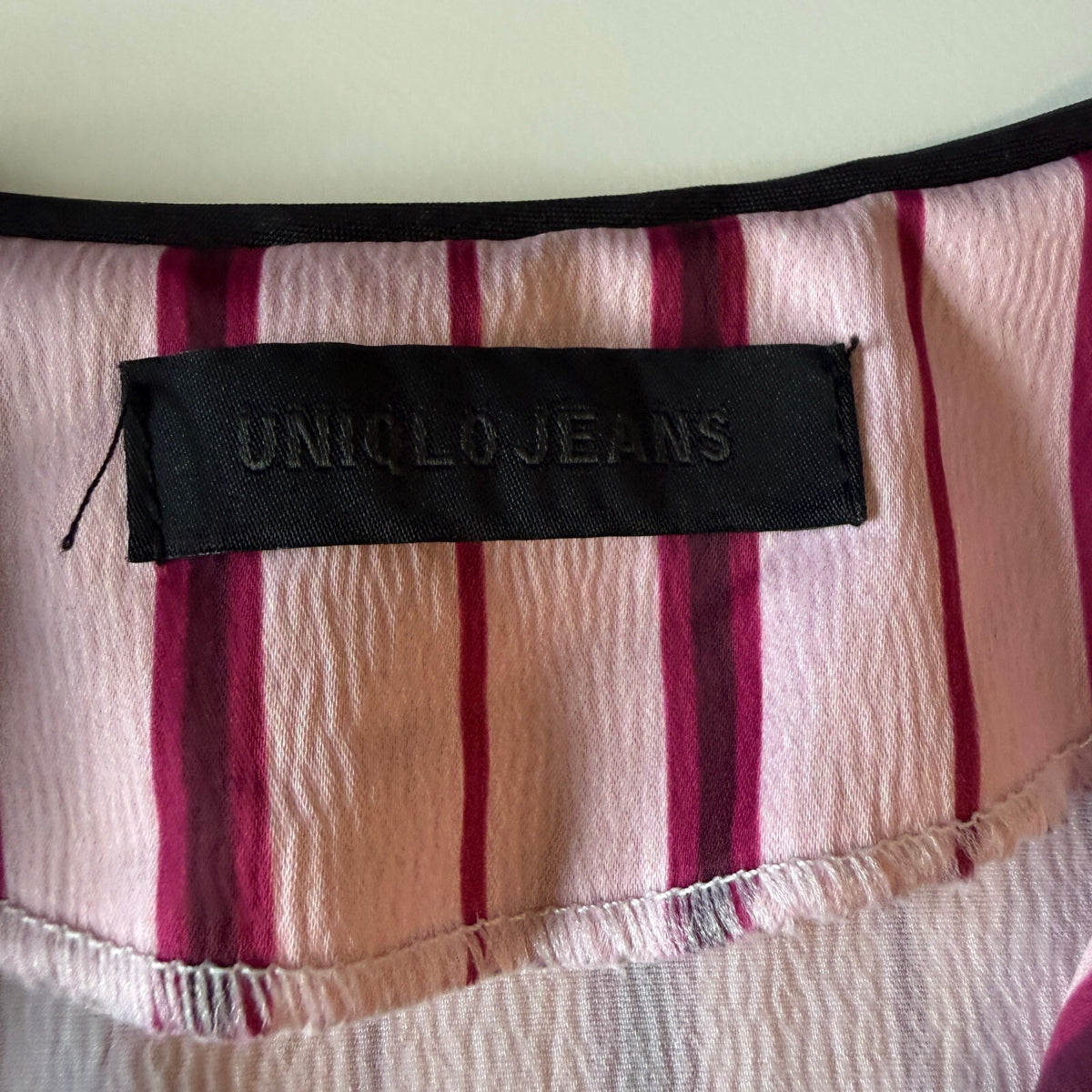 Y2K Pink Striped Satin Pajama Shirt Contrast Piping Uniqlo Jeans
