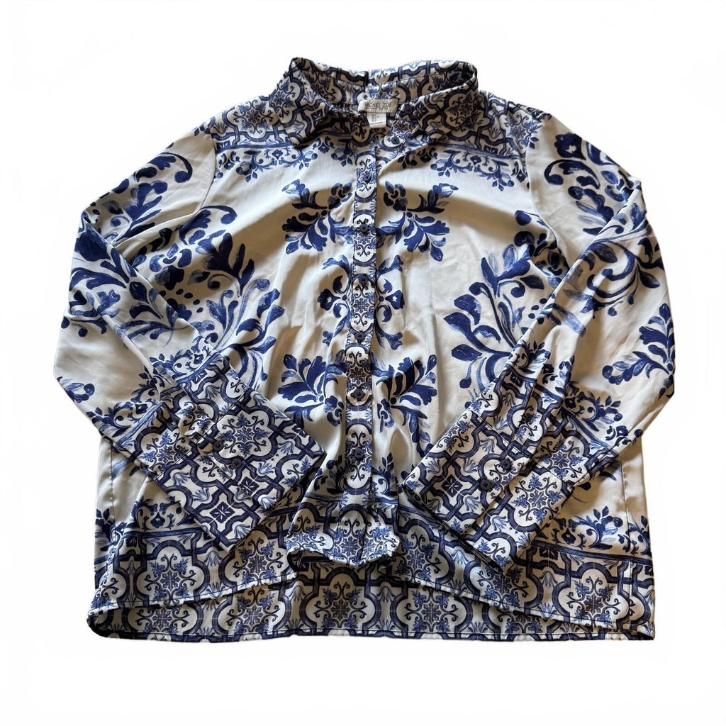 Rachel Zoe Floral Printed Satin Button-Down Quiet Luxury Vacation Resort Office