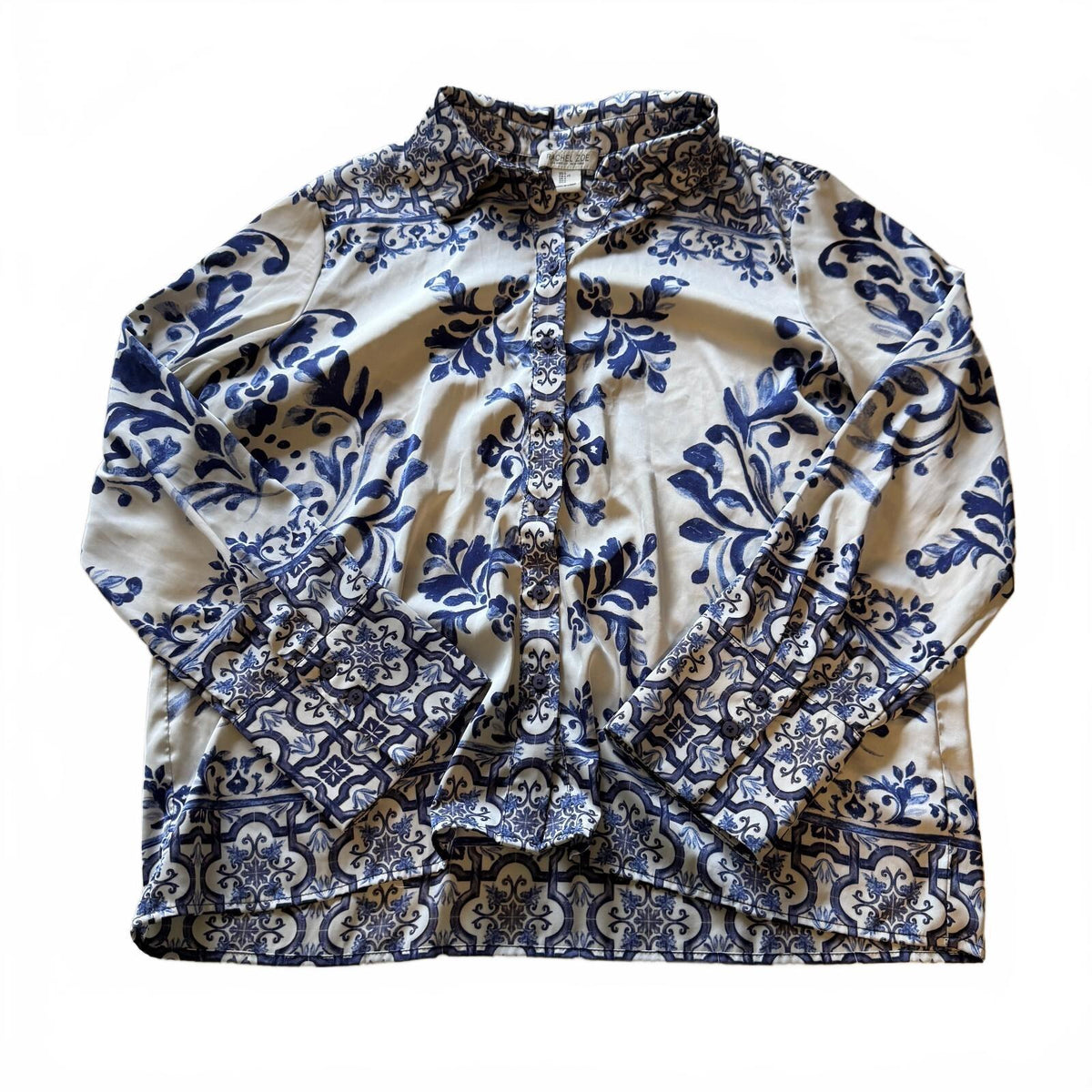 Rachel Zoe Floral Printed Satin Button-Down Quiet Luxury Vacation Resort Office