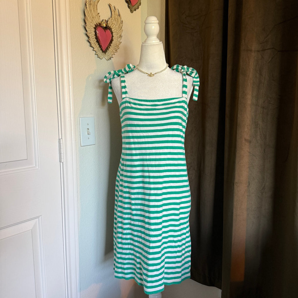 J.Crew Green and White Striped Cotton Tie Strap Dress, Size M Vacation Whimsy