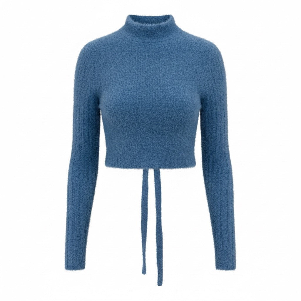 thriftalina iets Frans Mohair Cropped Sweater Tie Back Mock Neck Blue