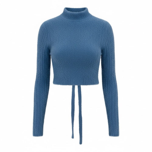 thriftalina iets Frans Mohair Cropped Sweater Tie Back Mock Neck Blue