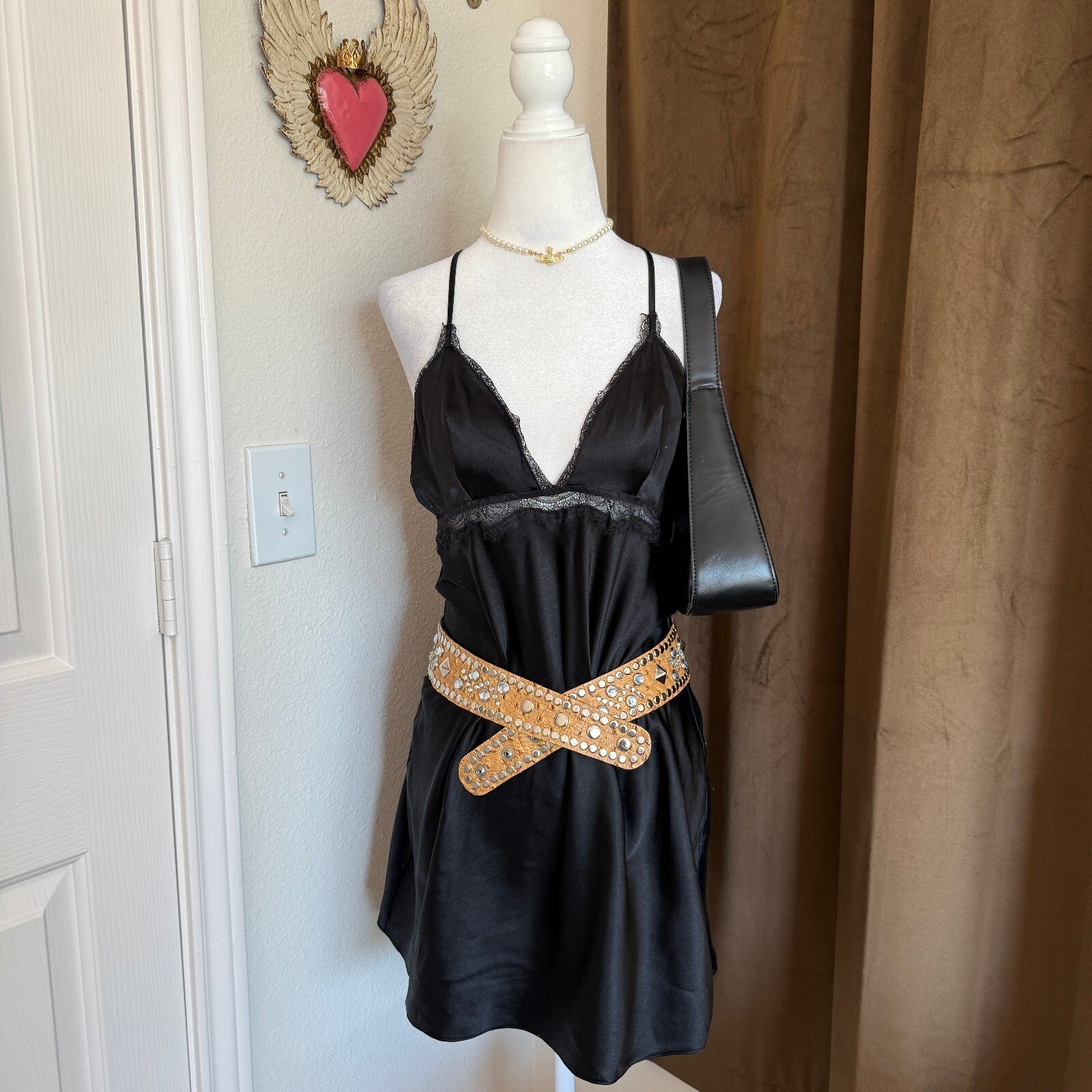 Victoria's Secret Black Satin Slip Dress with Lace Trim, Size Medium