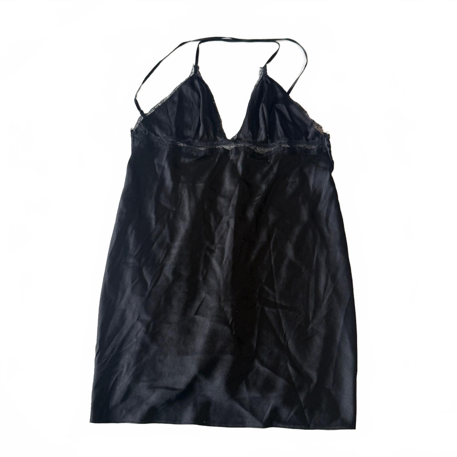 Victoria's Secret Black Satin Slip Dress with Lace Trim, Size Medium