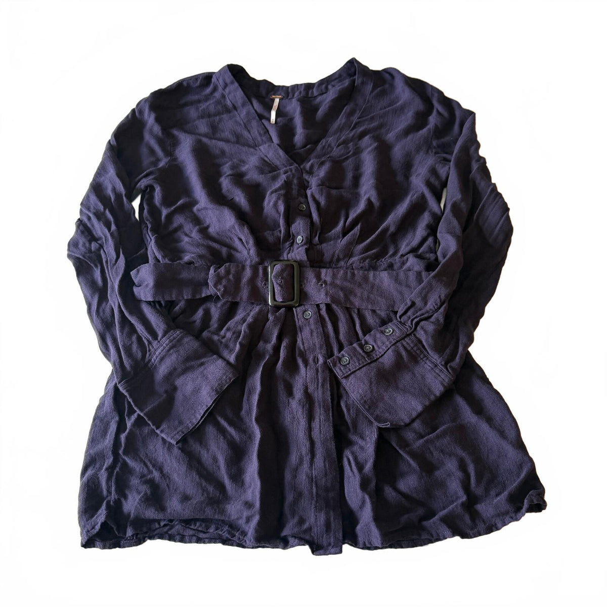 Free People Back in the Spotlight Belted Tunic Top Navy V-Neck Size M