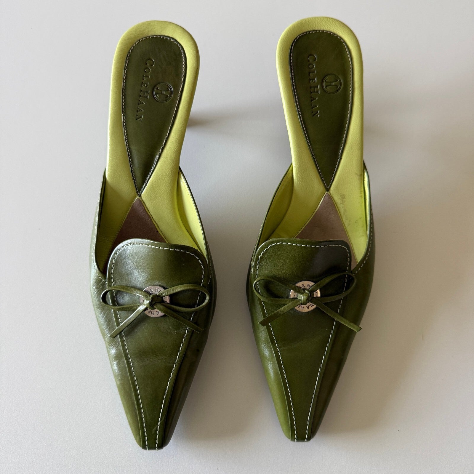 Cole Haan Women's Green Leather Pointed Toe Slip-On Kitten Heels with Bow Detail