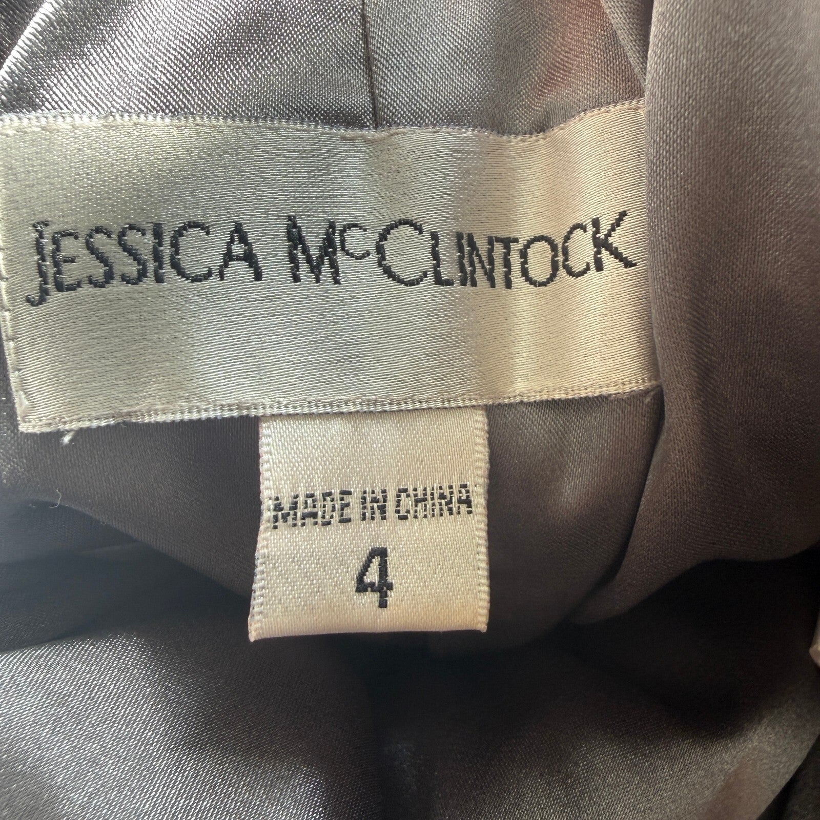 Y2K Jessica McClintock Silver Strapless Mini Dress with Floral Applique Size XS