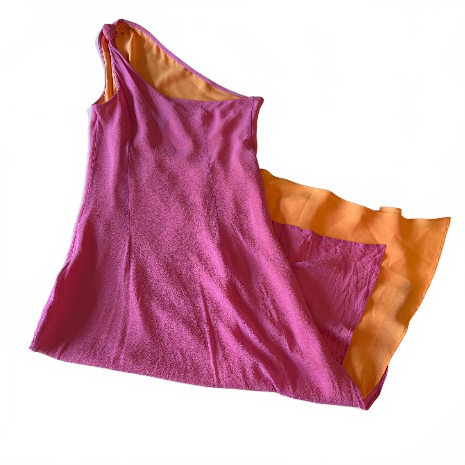 Vintage Y2K 1990s Express Silk Pink & Orange One Shoulder Midi Dress Sz 5/6
