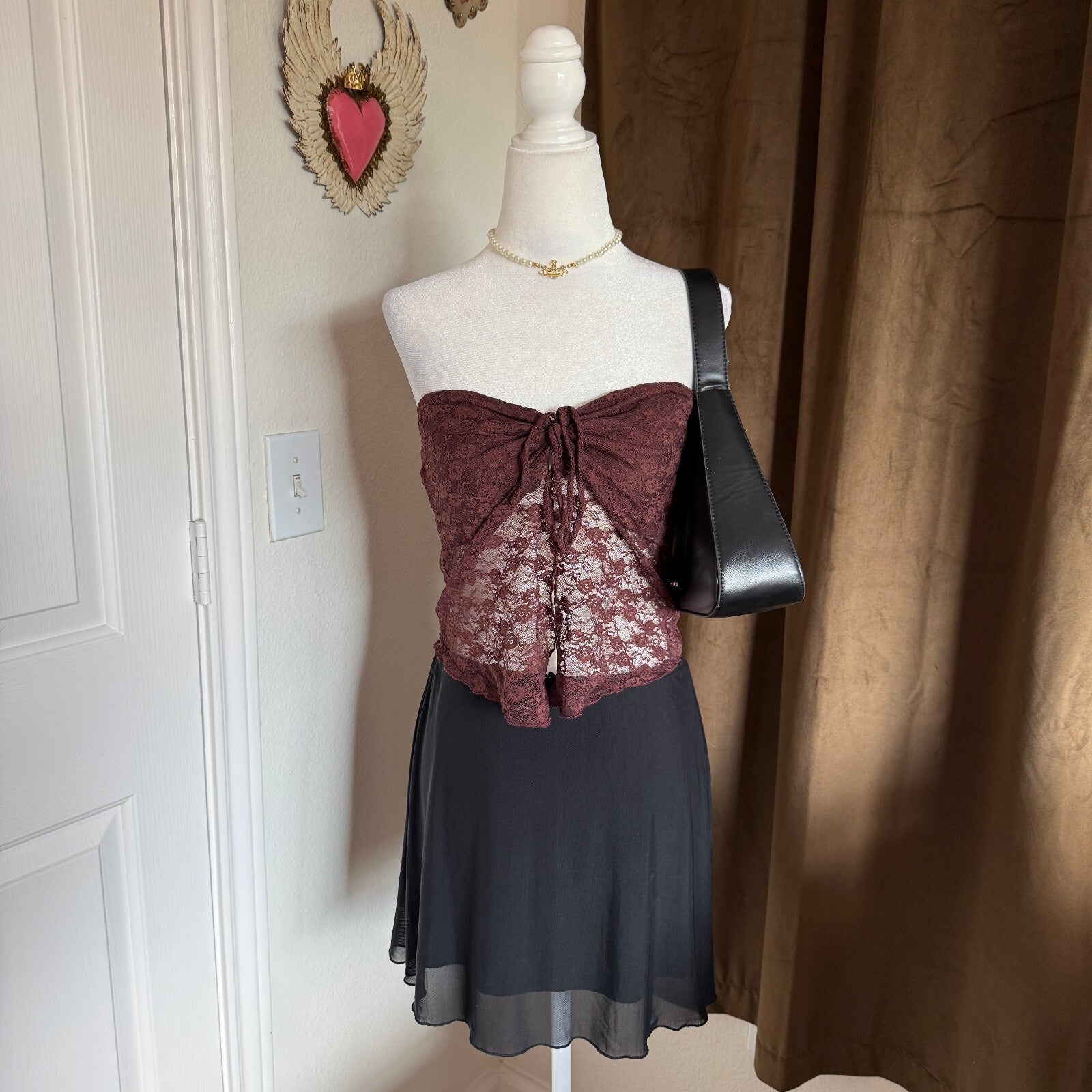 Romantic Sheer Lace Coquette Women's Strapless Grey Bandit Crop Top Size Large