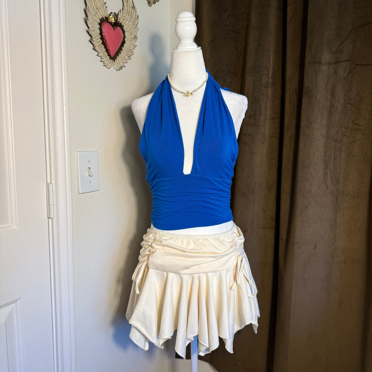 PacSun PAC Cares Cobalt Blue Halter Top Ruched Tie Neck XS Y2K Festival Rave