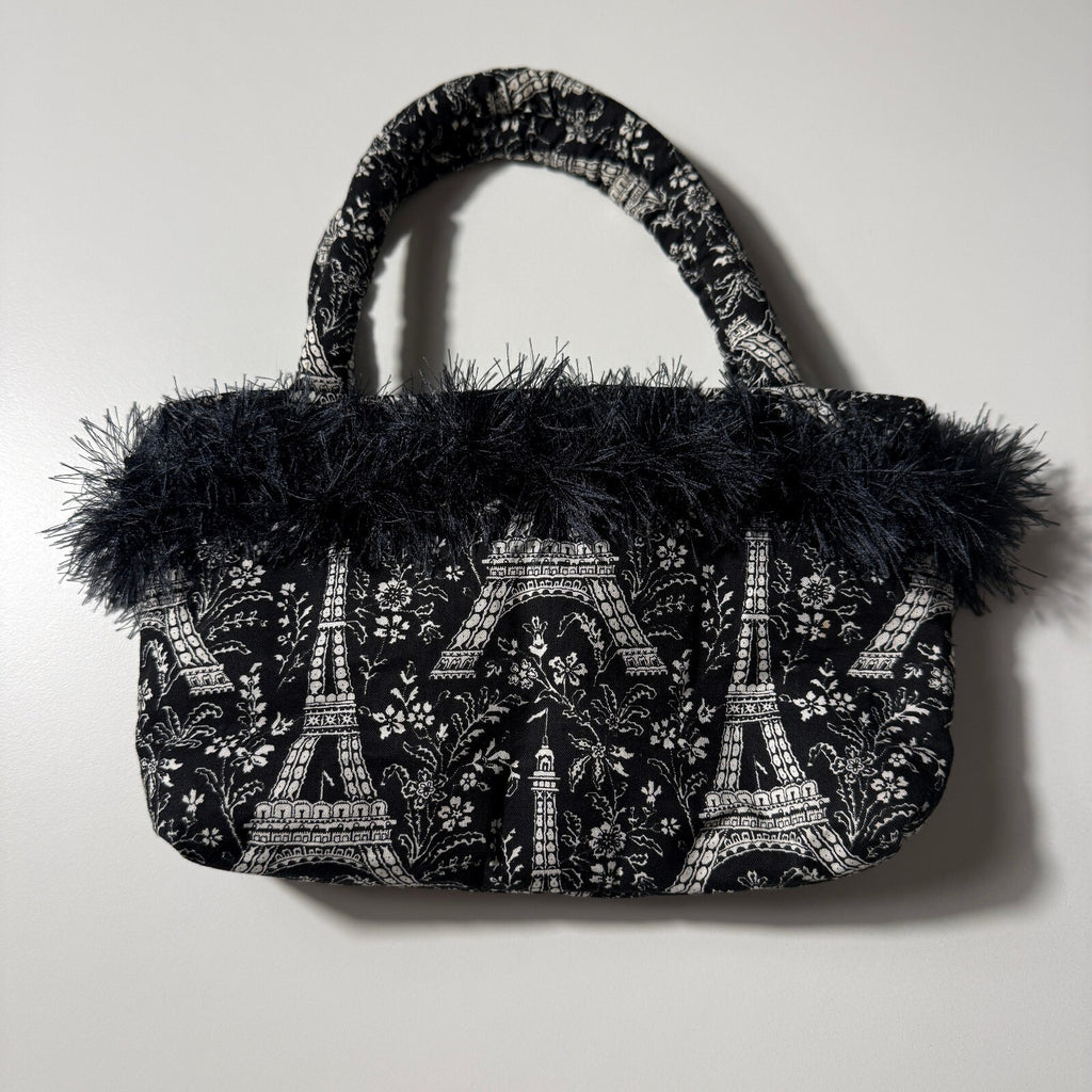 Y2K Inspired Black and White Eiffel Tower Print Handbag with Faux Feather Trim