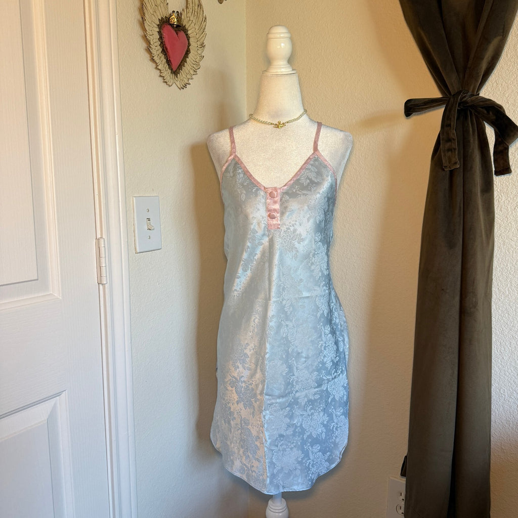 Coquette Girly Light Blue Satin Floral Slip Dress with Pink Trim and Buttons