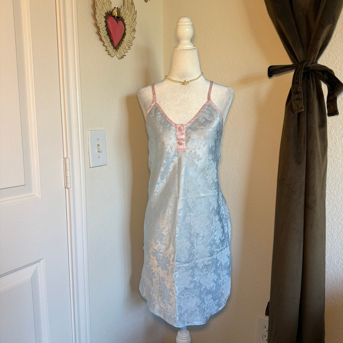 Coquette Girly Light Blue Satin Floral Slip Dress with Pink Trim and Buttons