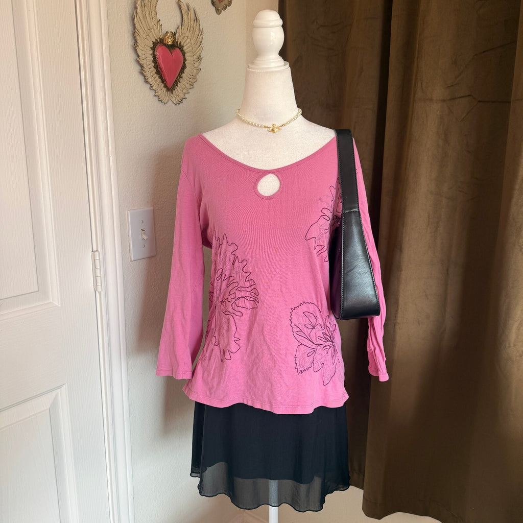 J. Jill Women's Medium Pink Long Sleeve Cotton Top with Floral Embroidery