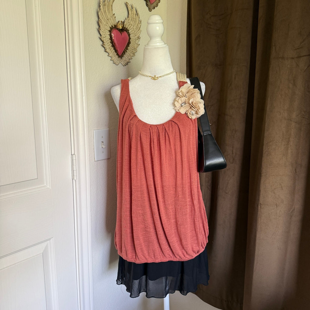 DownEast Y2K Coral Rosette Rope Strap Racerback Bubble Hem Tank Top Women's Sz L