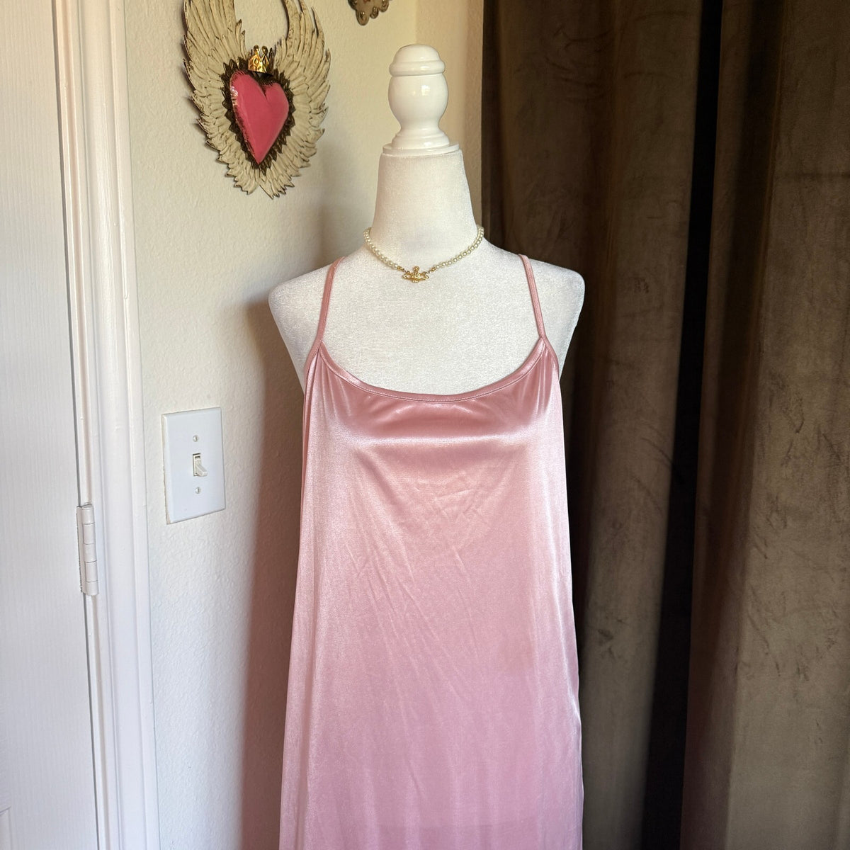 Melody Ballerina Pink Coquette Girly Satin Slip Dress with Ruffled Hem Sz Large