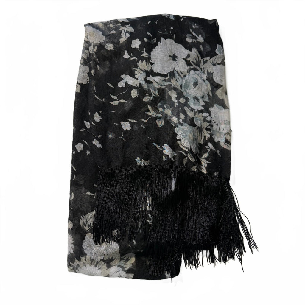 Black Floral Sheer Fringe Piano Shawl Scarf Wrap Poncho Boho Stevie Nicks O/S