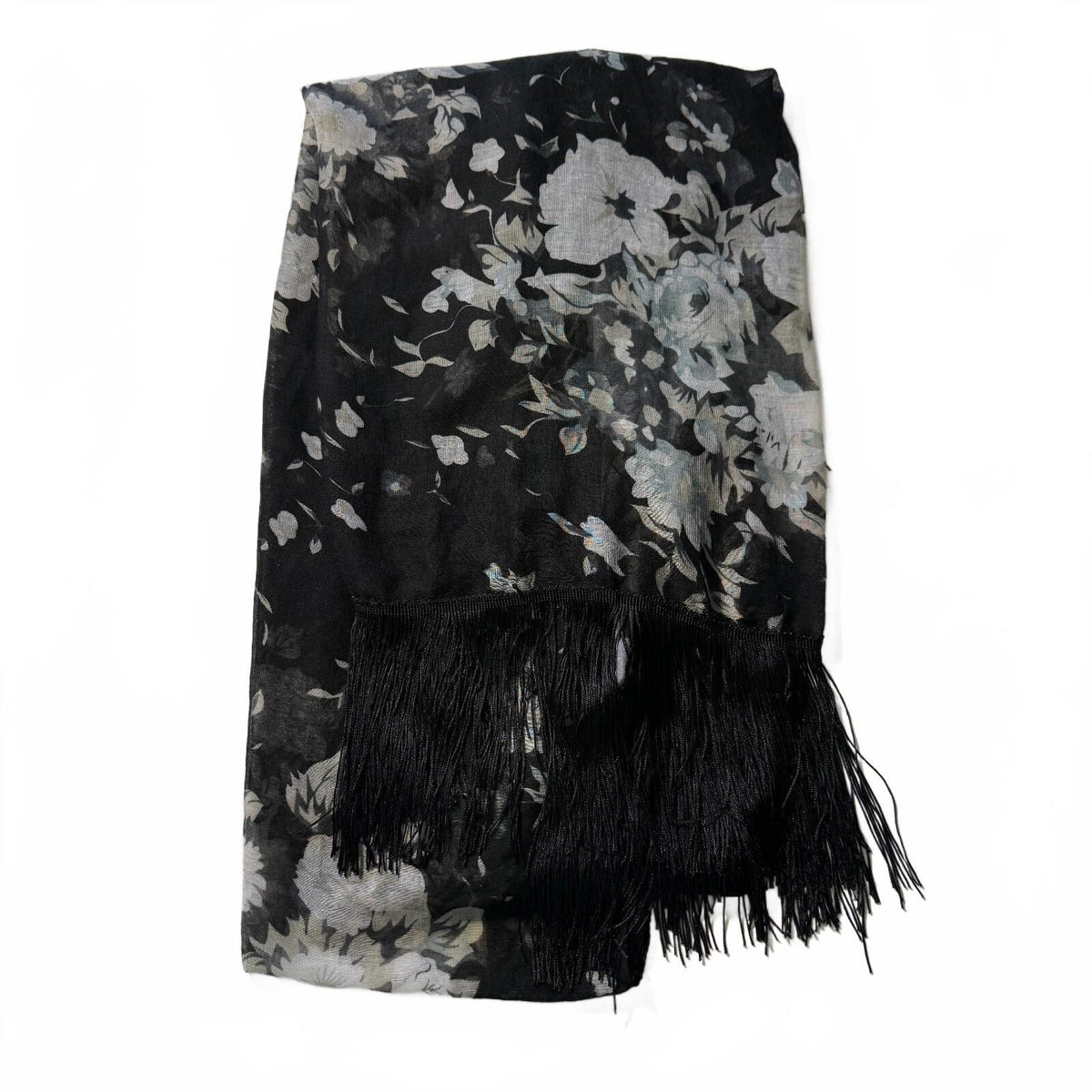Black Floral Sheer Fringe Piano Shawl Scarf Wrap Poncho Boho Stevie Nicks O/S