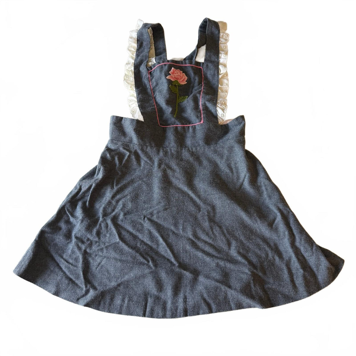 Vintage Alice Martin Gray Pinafore Jumper Dress Rose Embroidered Eyelet Trim