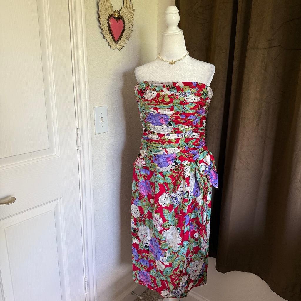 Vintage Silk Party Dress Strapless Frock 1980s Maddy London Red White Purple