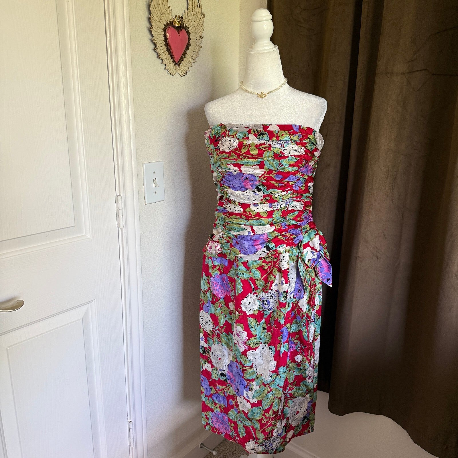 Vintage Silk Party Dress Strapless Frock 1980s Maddy London Red White Purple