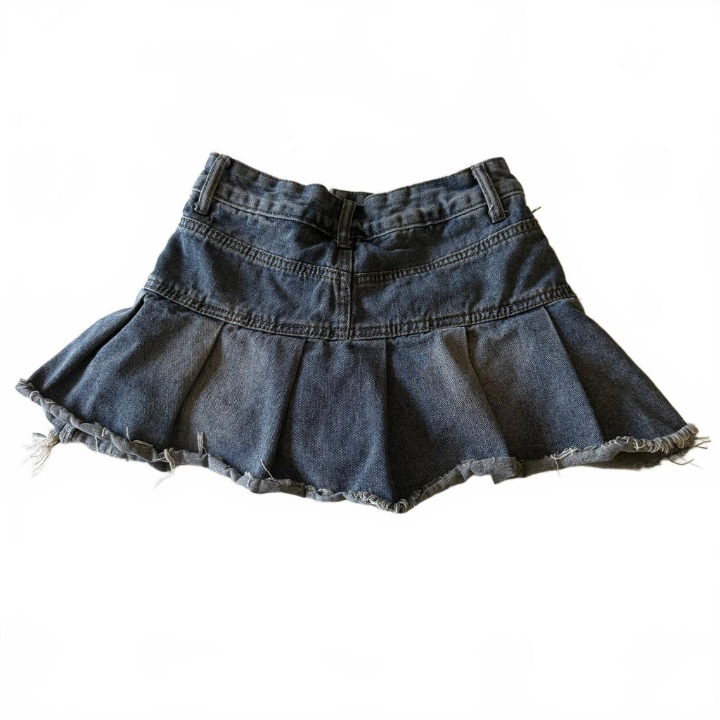 Goldtrans Denim Pleated Mini Skort Raw Frayed Hem Grunge Y2K Low Rise
