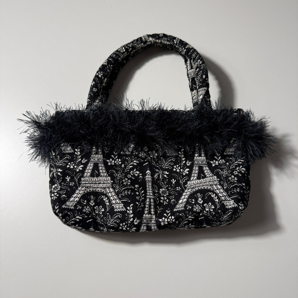Y2K Inspired Black and White Eiffel Tower Print Handbag with Faux Feather Trim