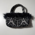 Y2K Inspired Black and White Eiffel Tower Print Handbag with Faux Feather Trim