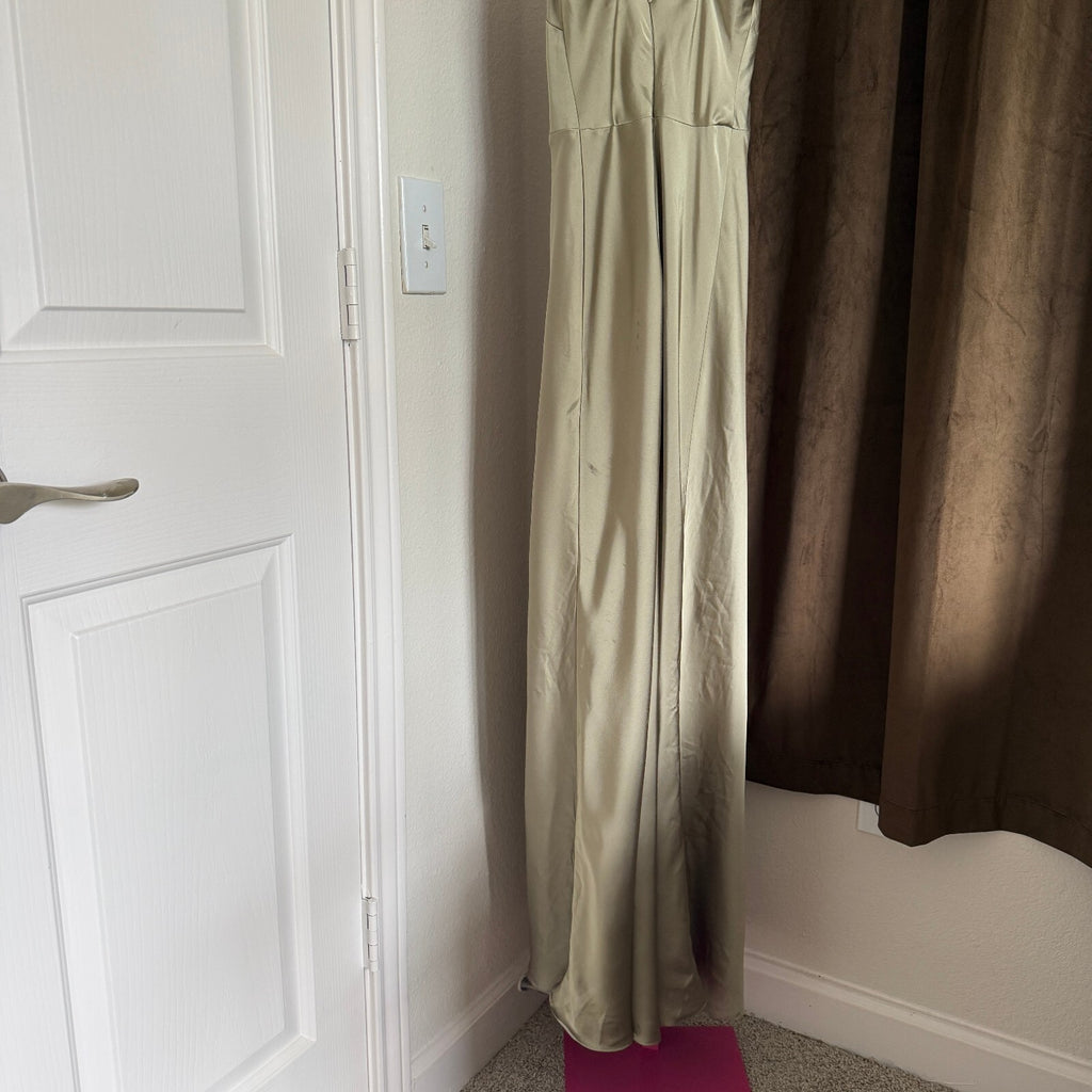 Birdy Grey Sage Green Satin Cowl Neck Slit Maxi Dress Lisa Shiny Bridesmaid XS
