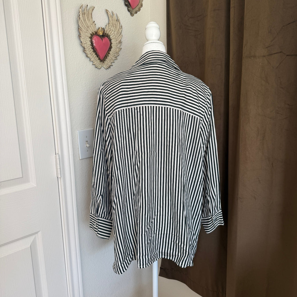 Valerie Stevens II Women's 18W Black and White Vertical Stripe Silk Blouse, Long