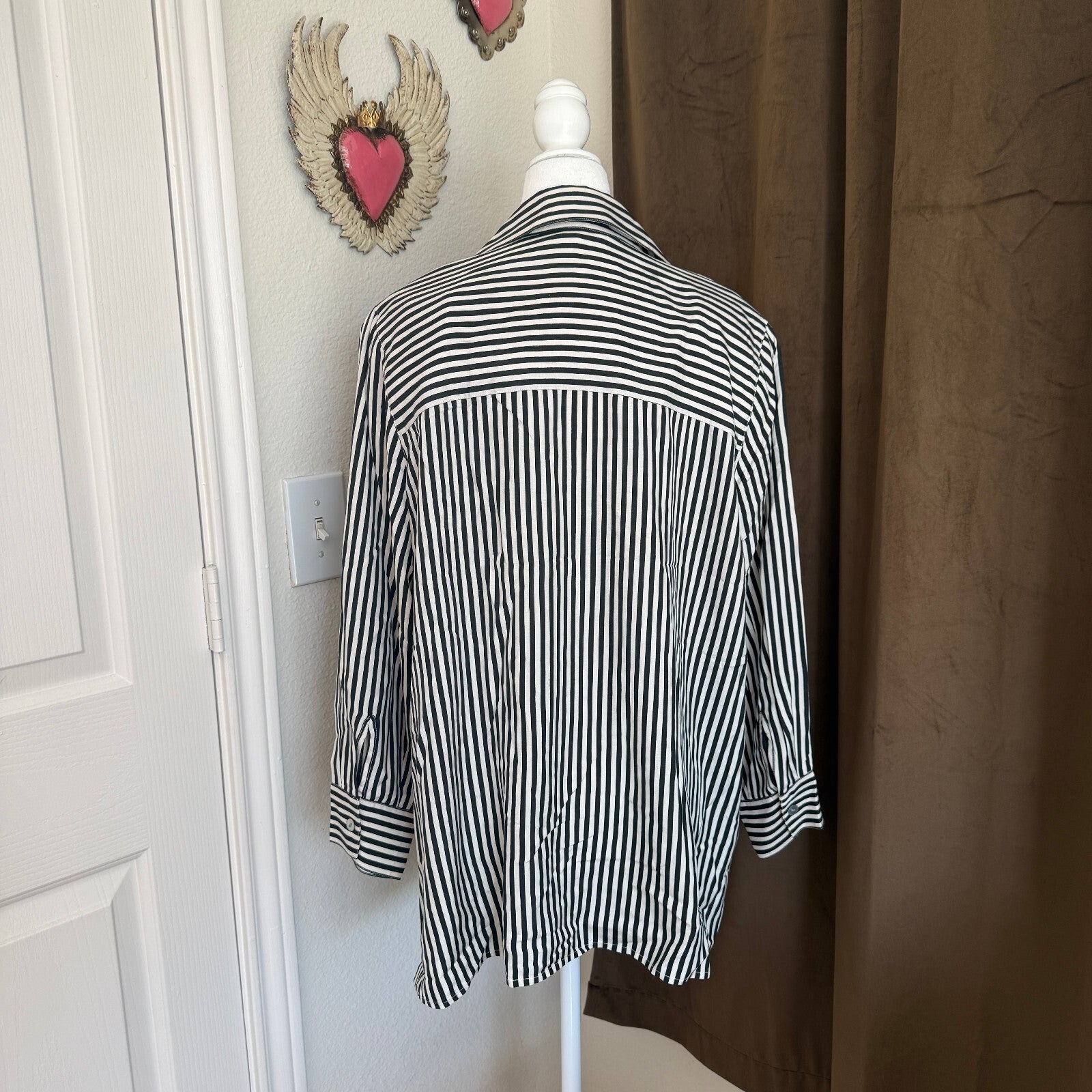 Valerie Stevens II Women's 18W Black and White Vertical Stripe Silk Blouse, Long