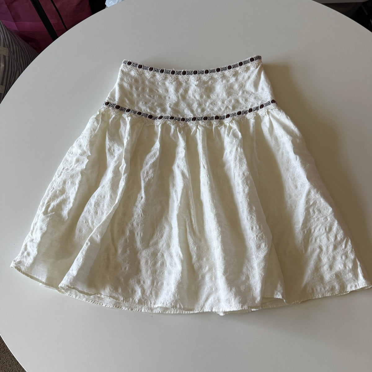 White Jacquard Tiered Skirt Ribbon Trim Cottagecore Fairycore Softgirl M