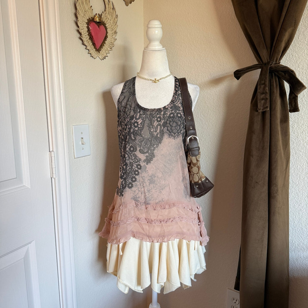 Y2K F.A.N.G. Lace Ruffled Hem Sheer Racerback Tank Top Coquette Girly Frilly Lg