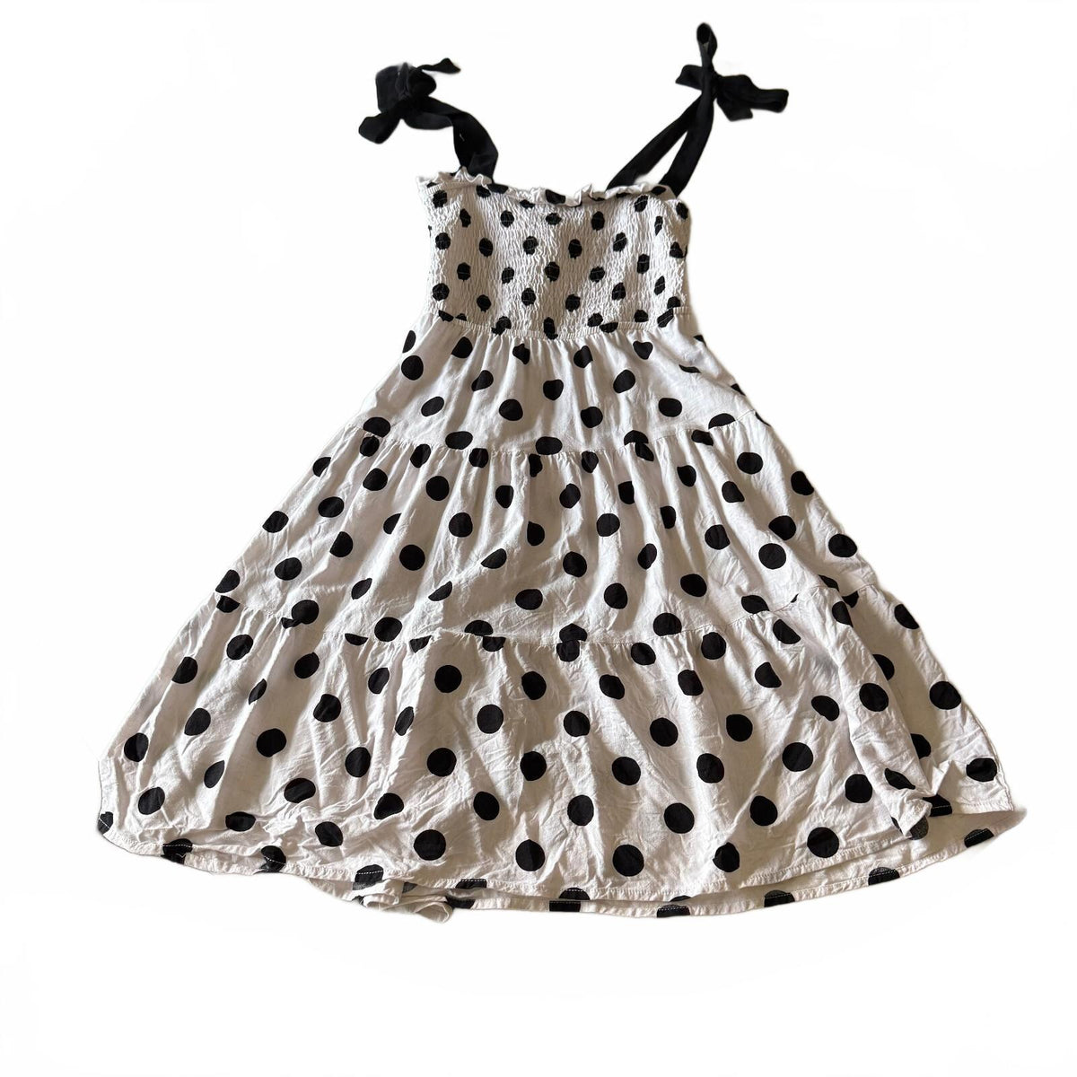 thriftalina Monteau LA Polka Dot Tiered Babydoll Dress Tie Shoulder Cottagecore Sz XS