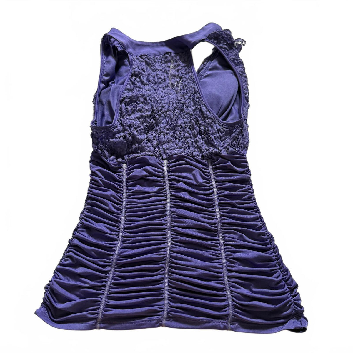 thriftalina Y2K XoXo Ruched Bodycon Sleeveless Women's Purple Top Lace Trim Button Detail