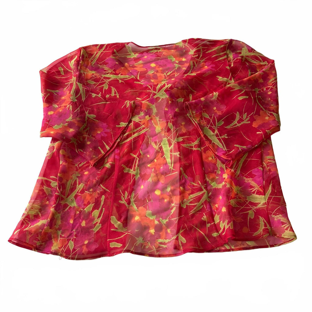Sheer Red Pink Floral Tie-Front Kimono Top Y2K Fairycore Boho Bell Sleeve Vtg
