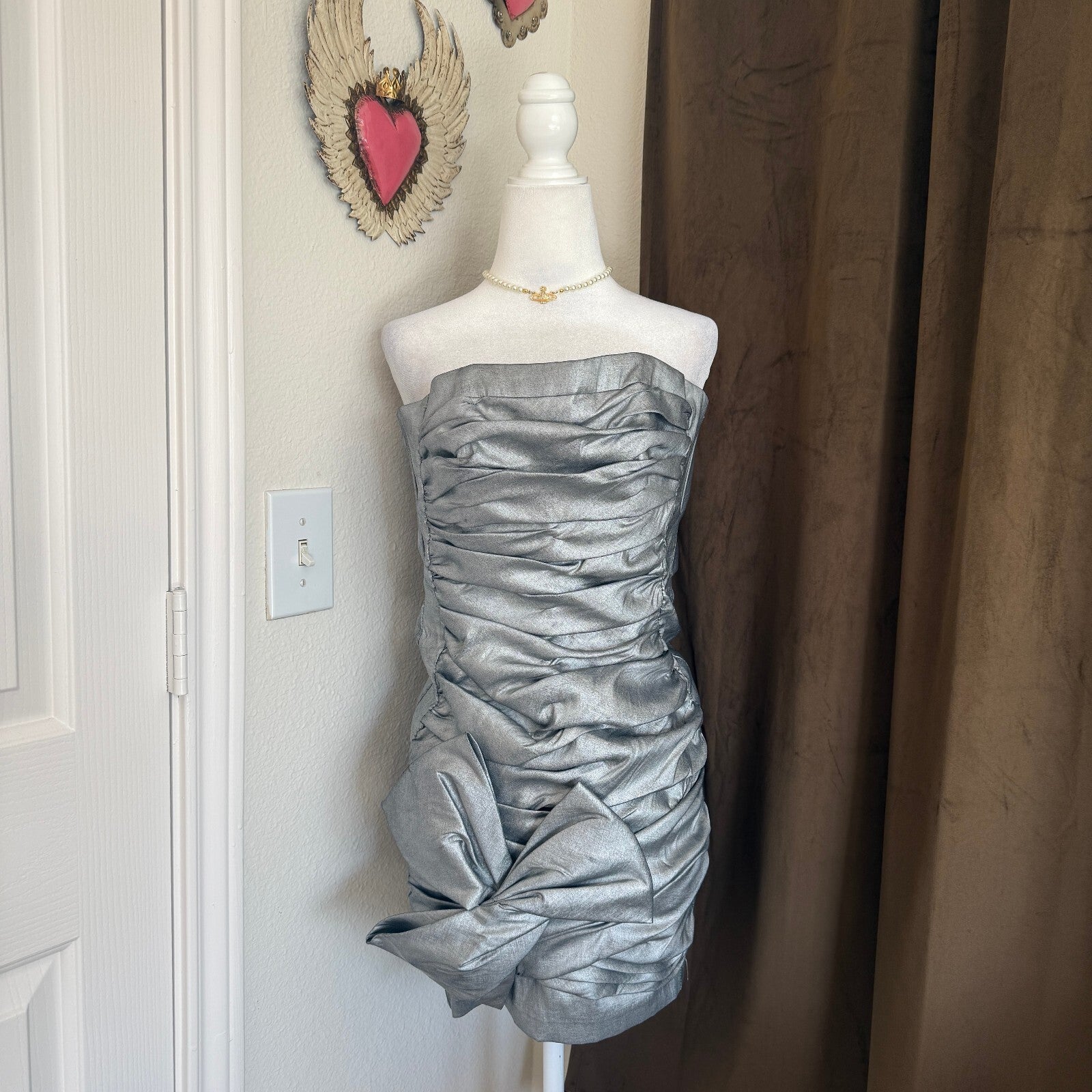 Y2K Jessica McClintock Silver Strapless Mini Dress with Floral Applique Size XS