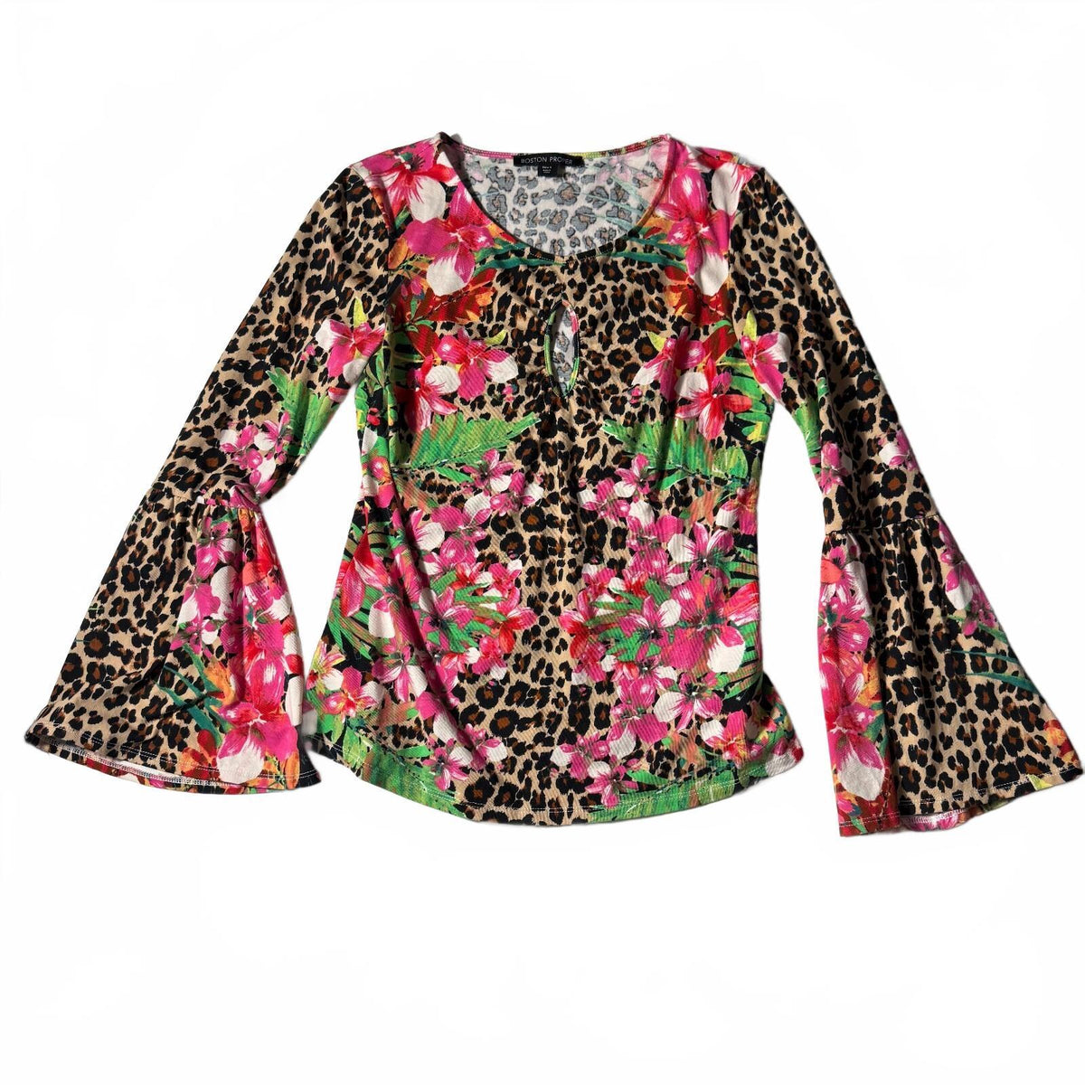 Boston Proper Leopard Funky Y2K Print Flare Sleeve Keyhold Detail Blouse Sz S