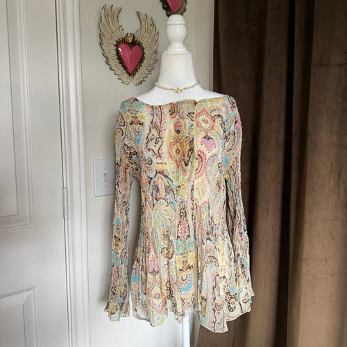 Alberto Makali Vintage-Inspired Long Sleeve Pleated Paisley Blouse in Pastel Mix