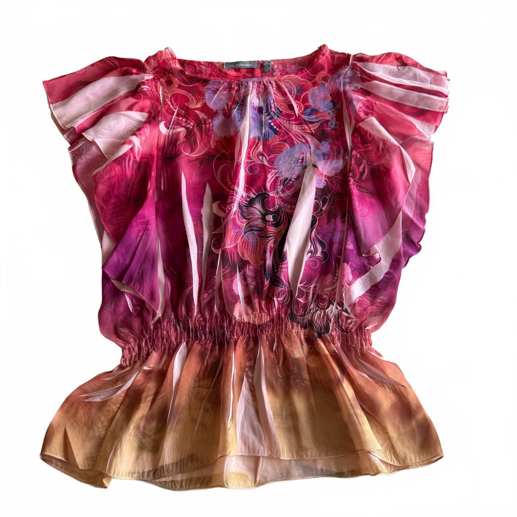 NY Collection Pink Abstract Floral Chiffon Flutter Sleeve Blouse Sz M Boho Fairy