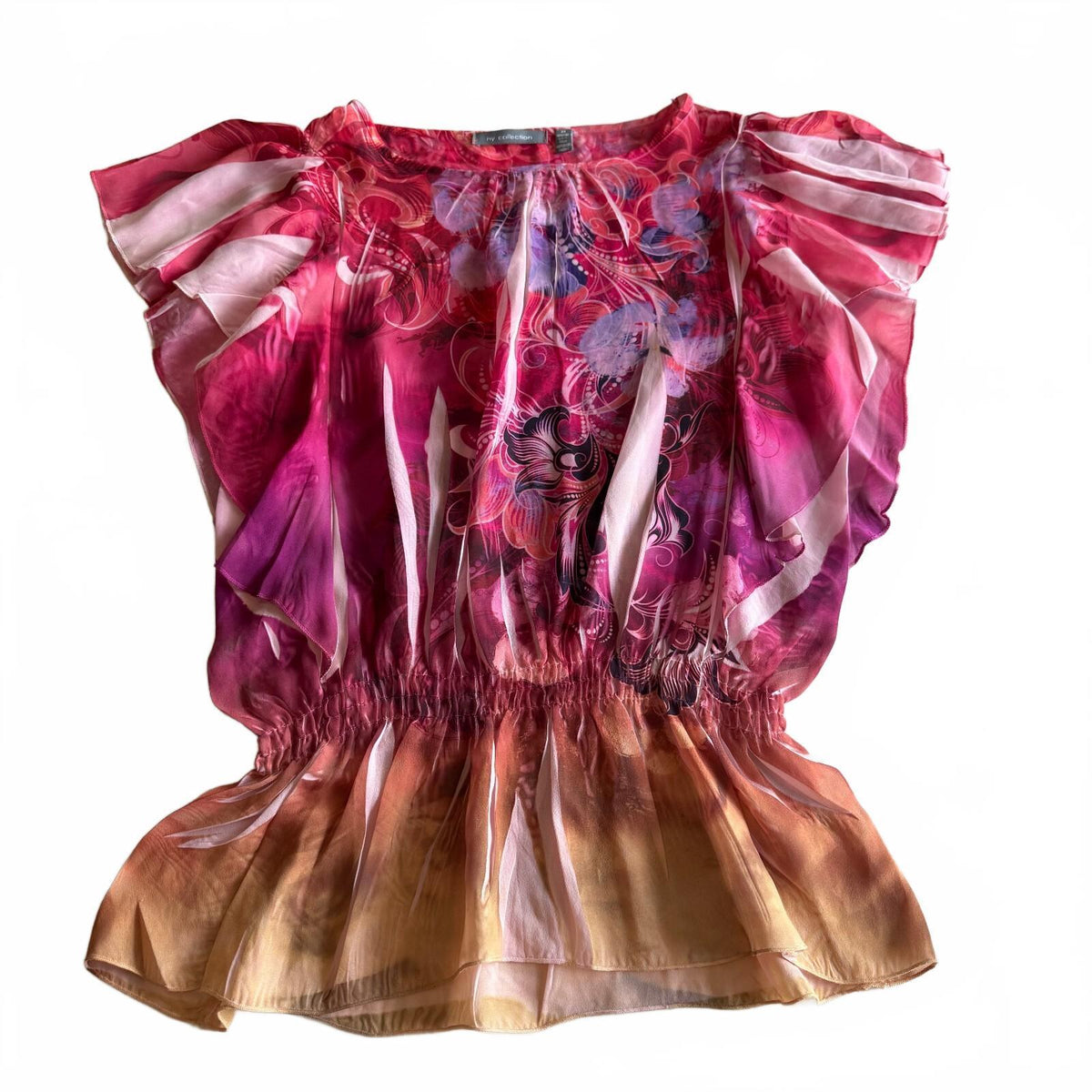 NY Collection Pink Abstract Floral Chiffon Flutter Sleeve Blouse Sz M Boho Fairy