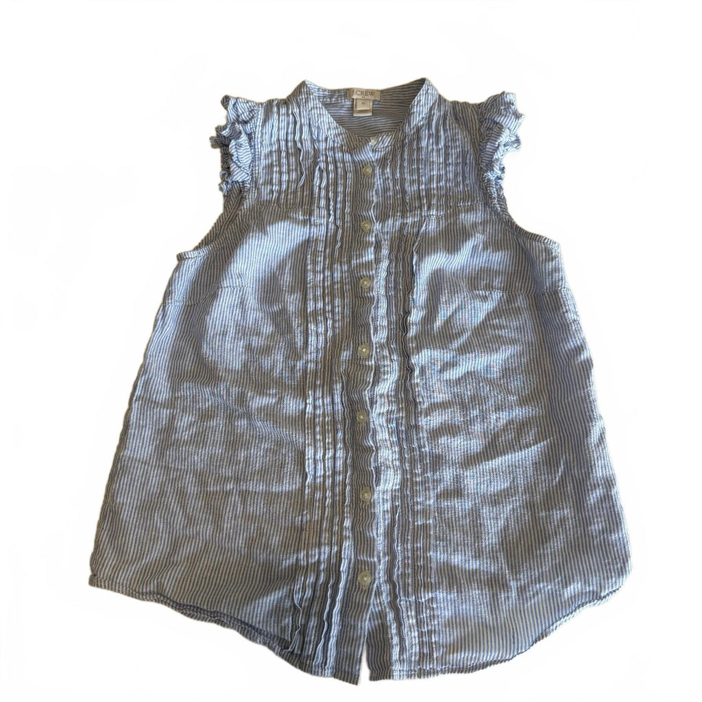 Preppy J. Crew Sleeveless Cotton Linen Blue Striped Button Up Women's Sz XS 00