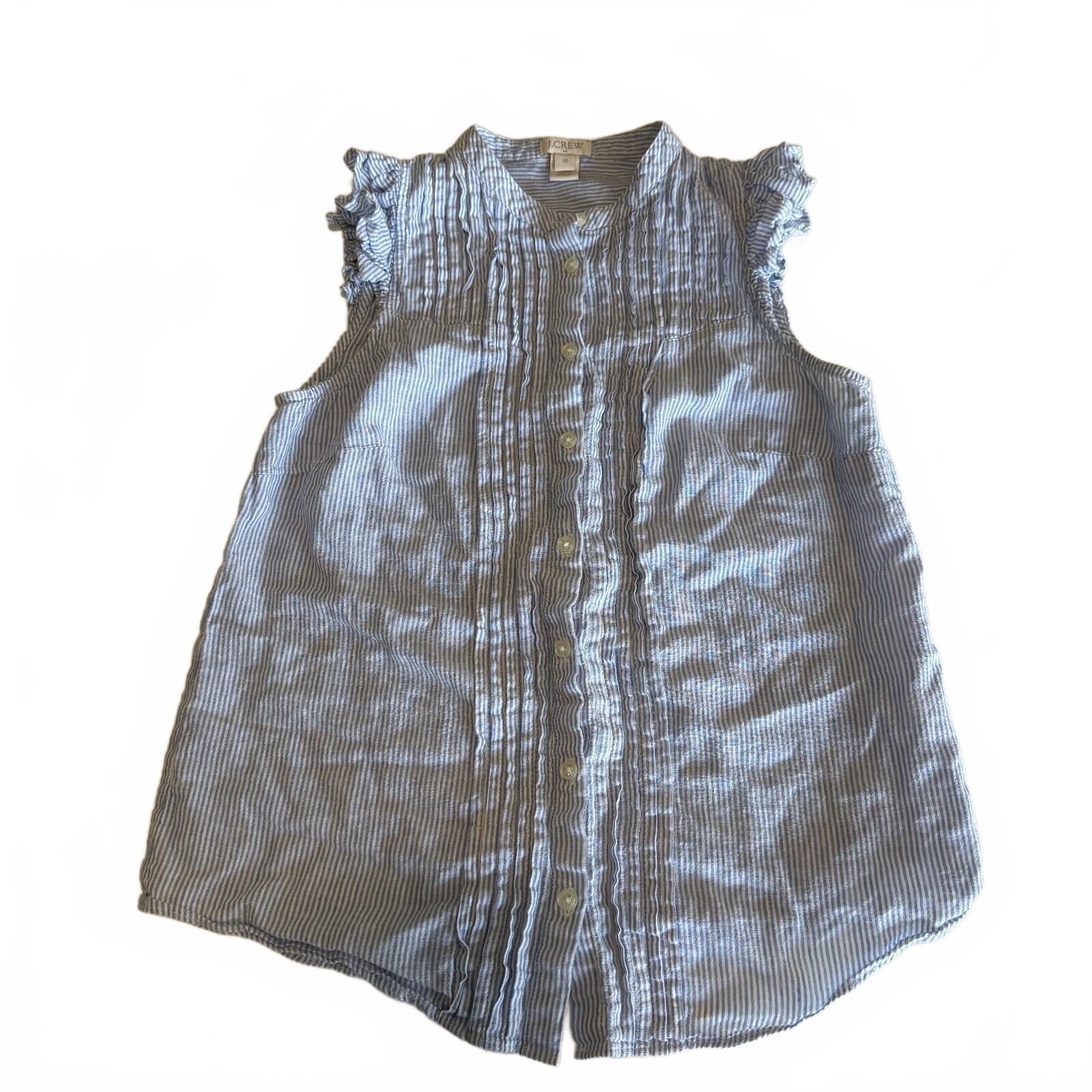 Preppy J. Crew Sleeveless Cotton Linen Blue Striped Button Up Women's Sz XS 00